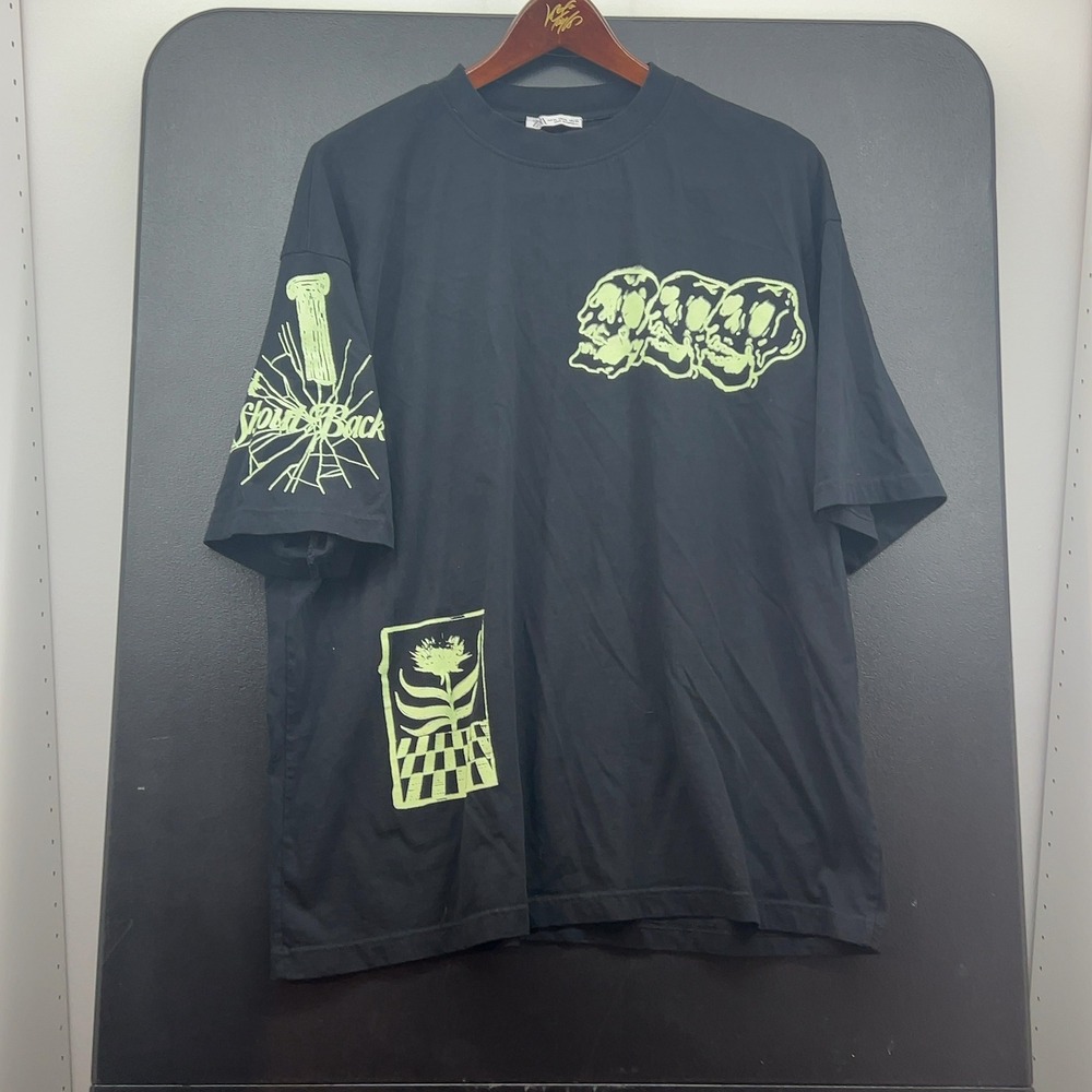 Zara Oversized Graphic T-Shirt XL Black Neon Green Skulls Expand Now Portugal